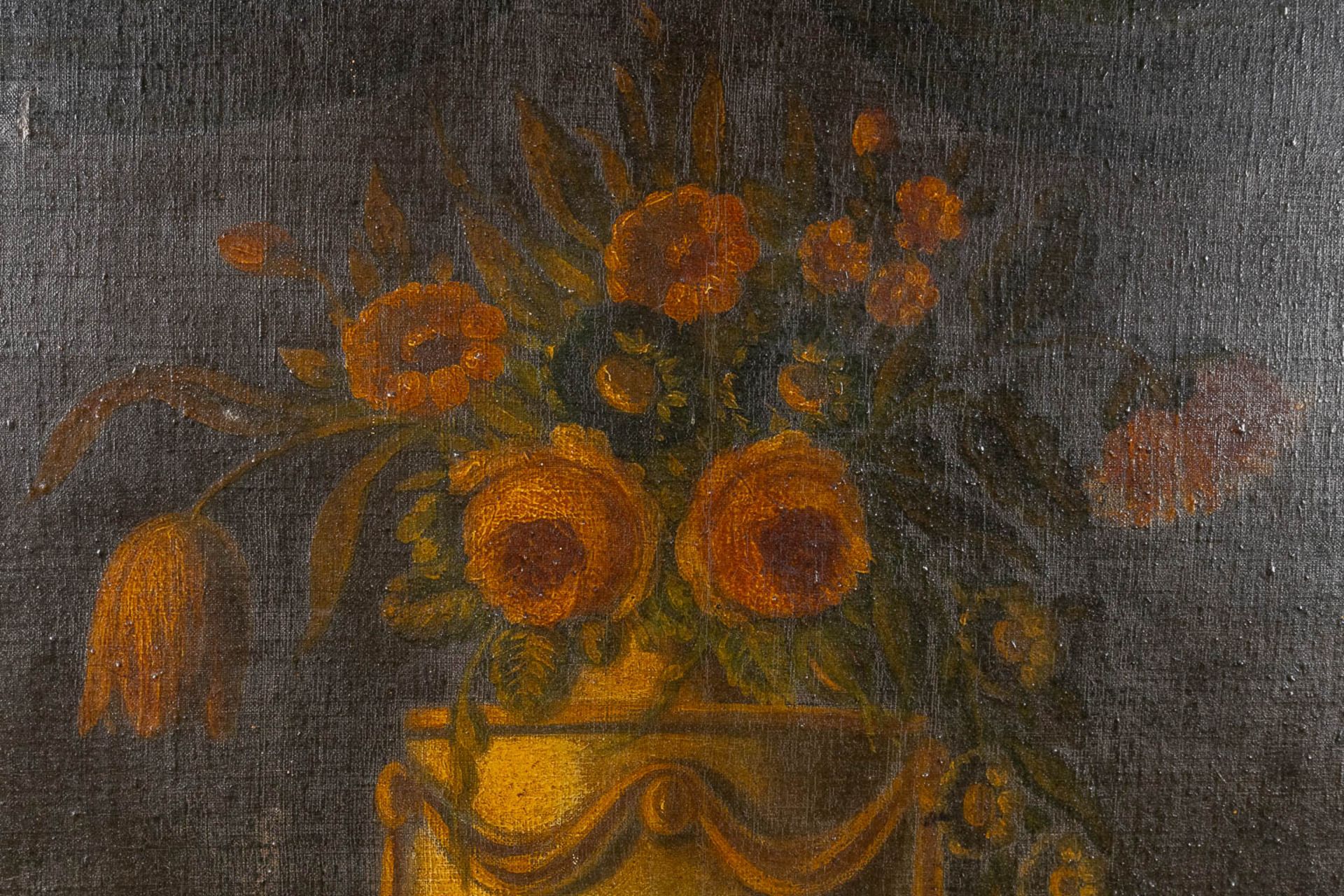 An antique, decorative painting of a flower vase. Oil on canvas. 18th C. (W:74 x H:67 cm) - Image 3 of 7