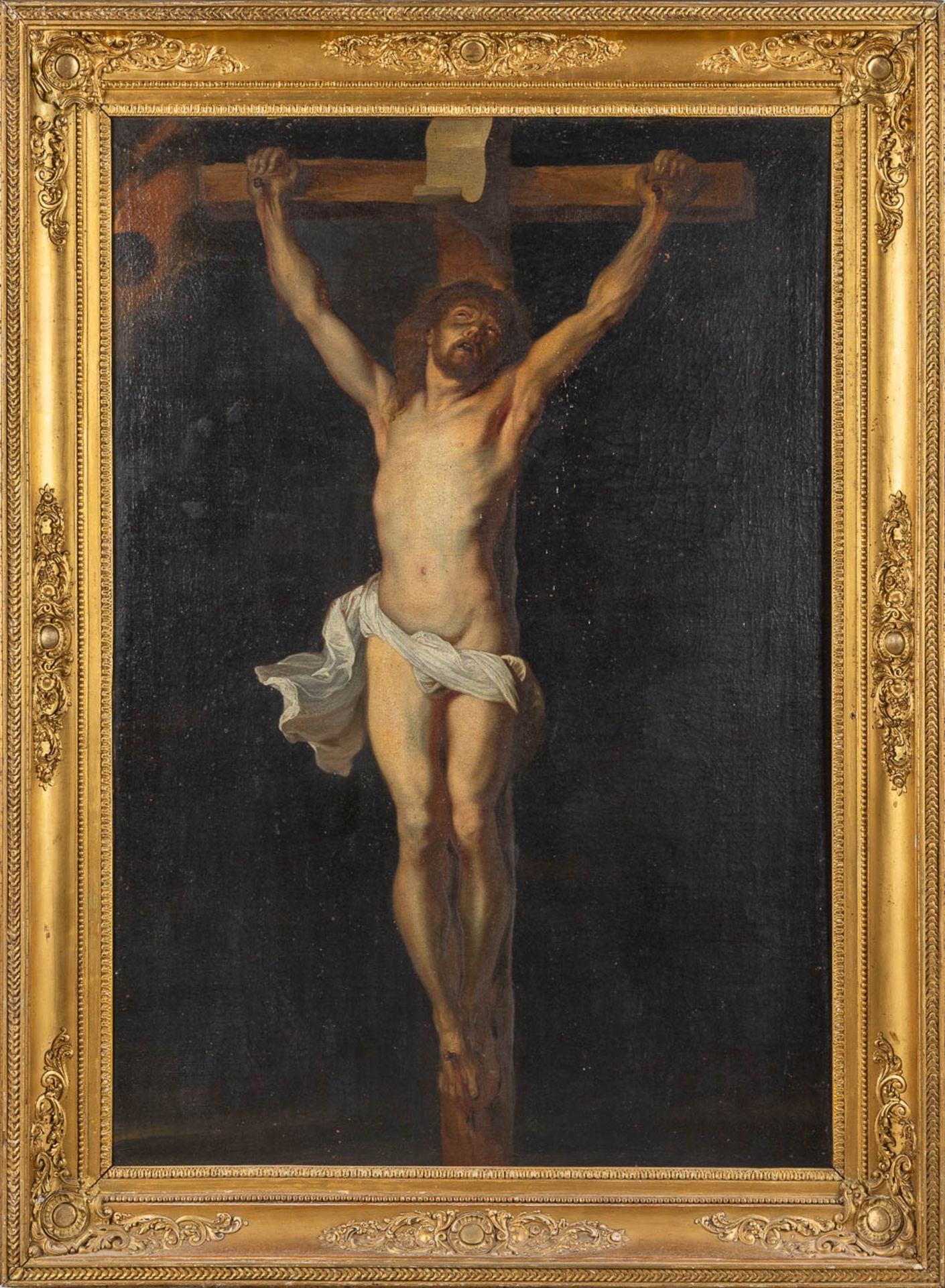 Jesus hanging from the cross, a painting, oil on canvas. 19th C. (W:70 x H:100 cm) - Image 3 of 9