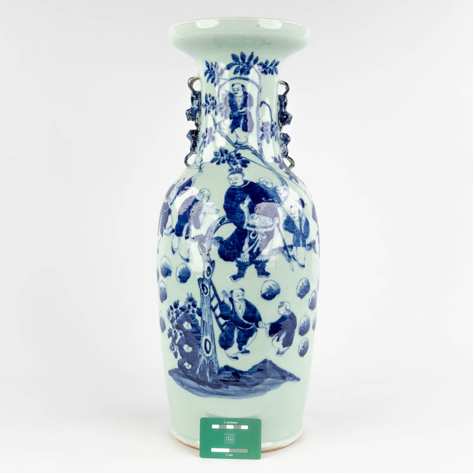 A Chinese celadon vase, blue-white, decorated with wise men. 19th/20th C. (H:59 x D:23 cm) - Image 2 of 16