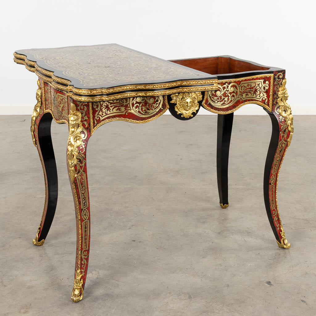 A game table, Boulle, tortoiseshell and copper inlay, Napoleon 3, 19th C. (D:52 x W:91 x H:76 cm) - Image 4 of 16