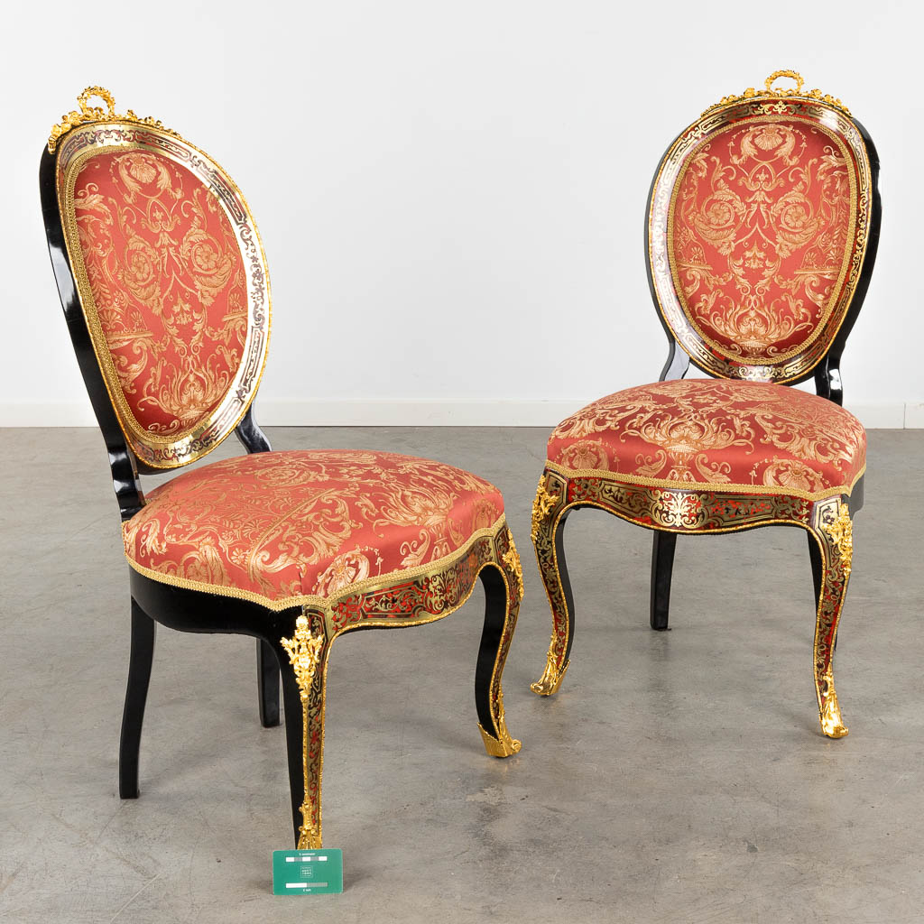 A pair of Chairs, Boulle technique, tortoise shell and copper inlay, Napoleon 3, 19th C. (D:56 x W:5 - Image 2 of 14