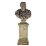 Bust of a Roman on a pedestal, probably Caesar, cast concrete. 20th C. (D:36 x W:75 x H:97 cm)