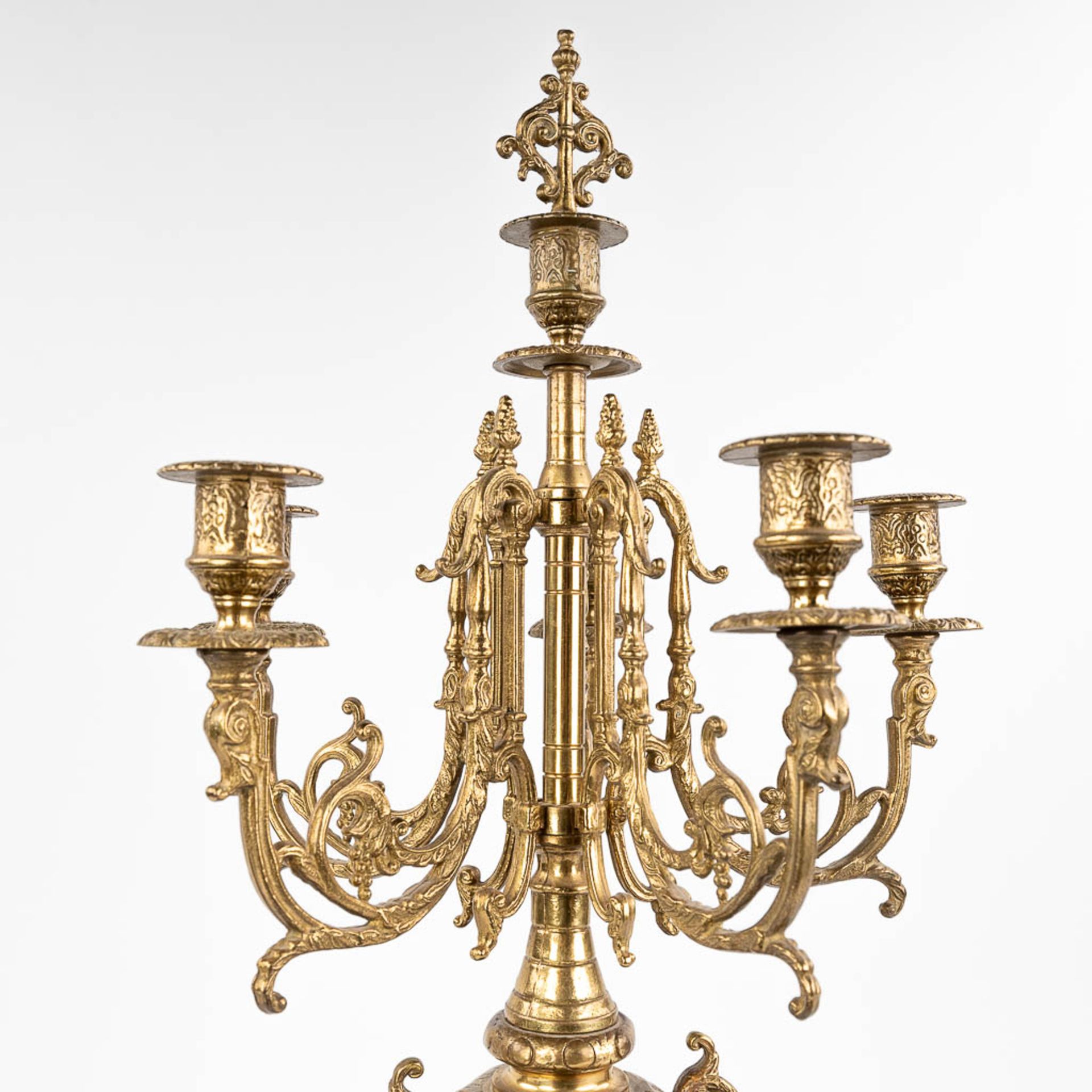 A three-piece mantle garniture consisting of a clock with candelabra, made of bronze. circa 1970. (W - Image 16 of 16