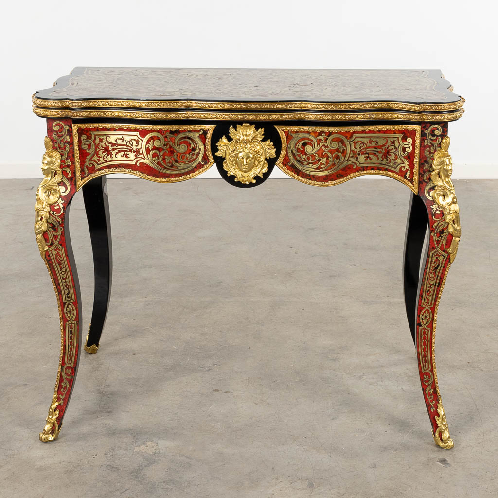 A game table, Boulle, tortoiseshell and copper inlay, Napoleon 3, 19th C. (D:52 x W:91 x H:76 cm) - Image 5 of 16