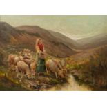 Lady with sheep, a painting, oil on canvas. Signed G. Marchal. (W:91 x H:65 cm)