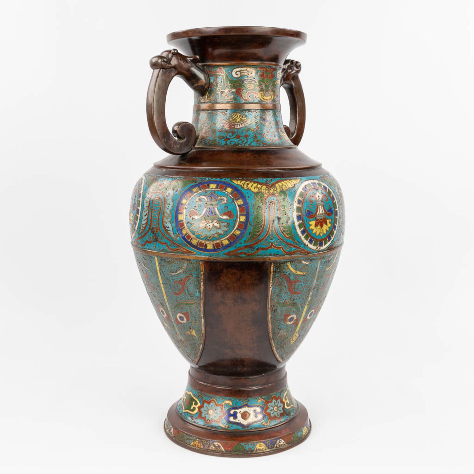 A large Oriental vase made of bronze with a champselvé decor. (H:60 x D:36 cm) - Image 3 of 13