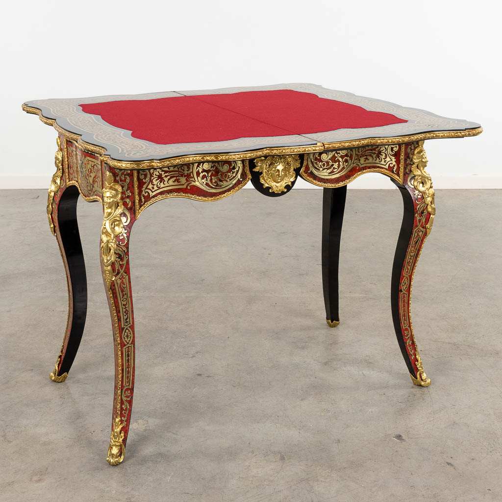 A game table, Boulle, tortoiseshell and copper inlay, Napoleon 3, 19th C. (D:52 x W:91 x H:76 cm) - Image 3 of 16