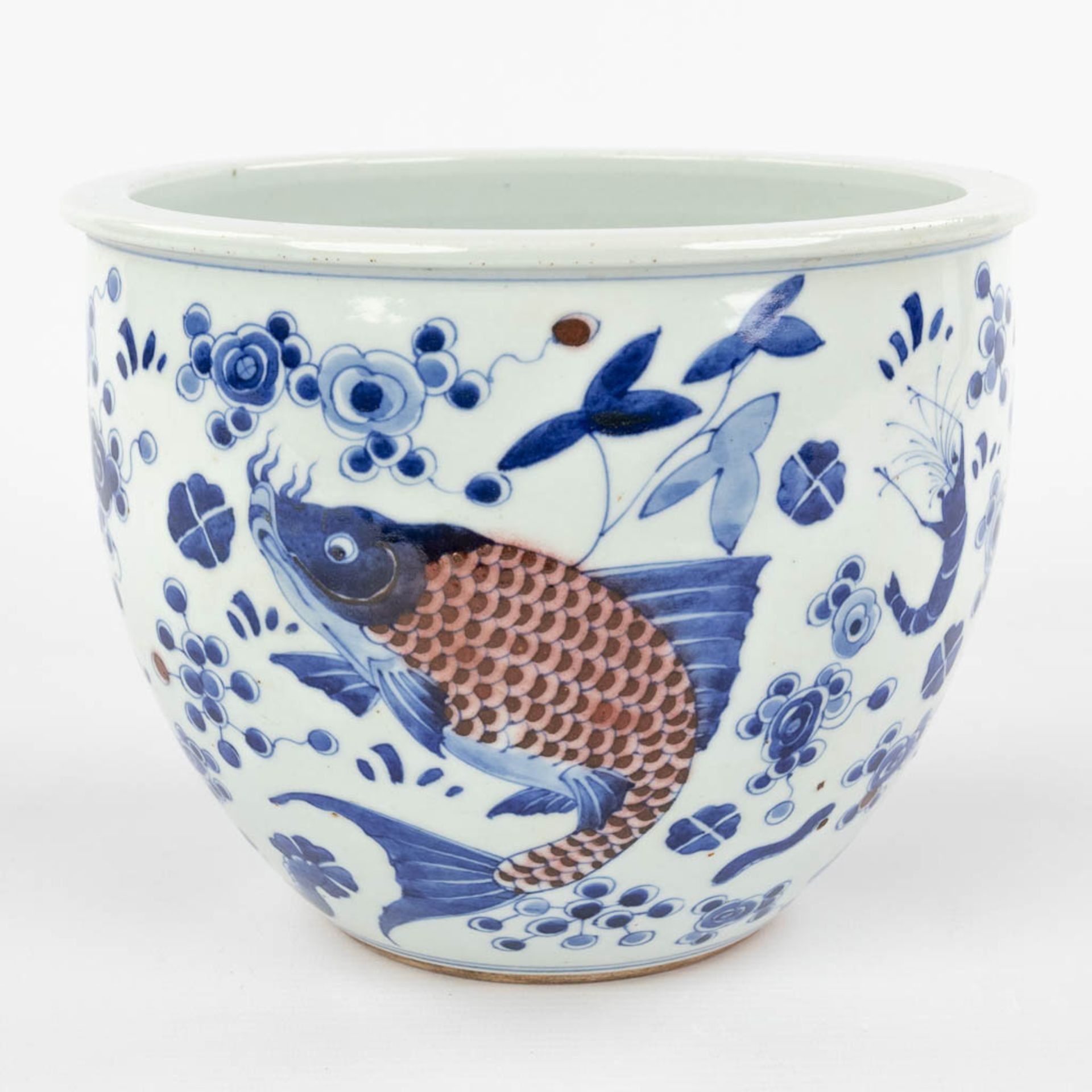 A large Chinese porcelain fish bowl, blue-white decor, 18th/19th C. (H:17 x D:22 cm)