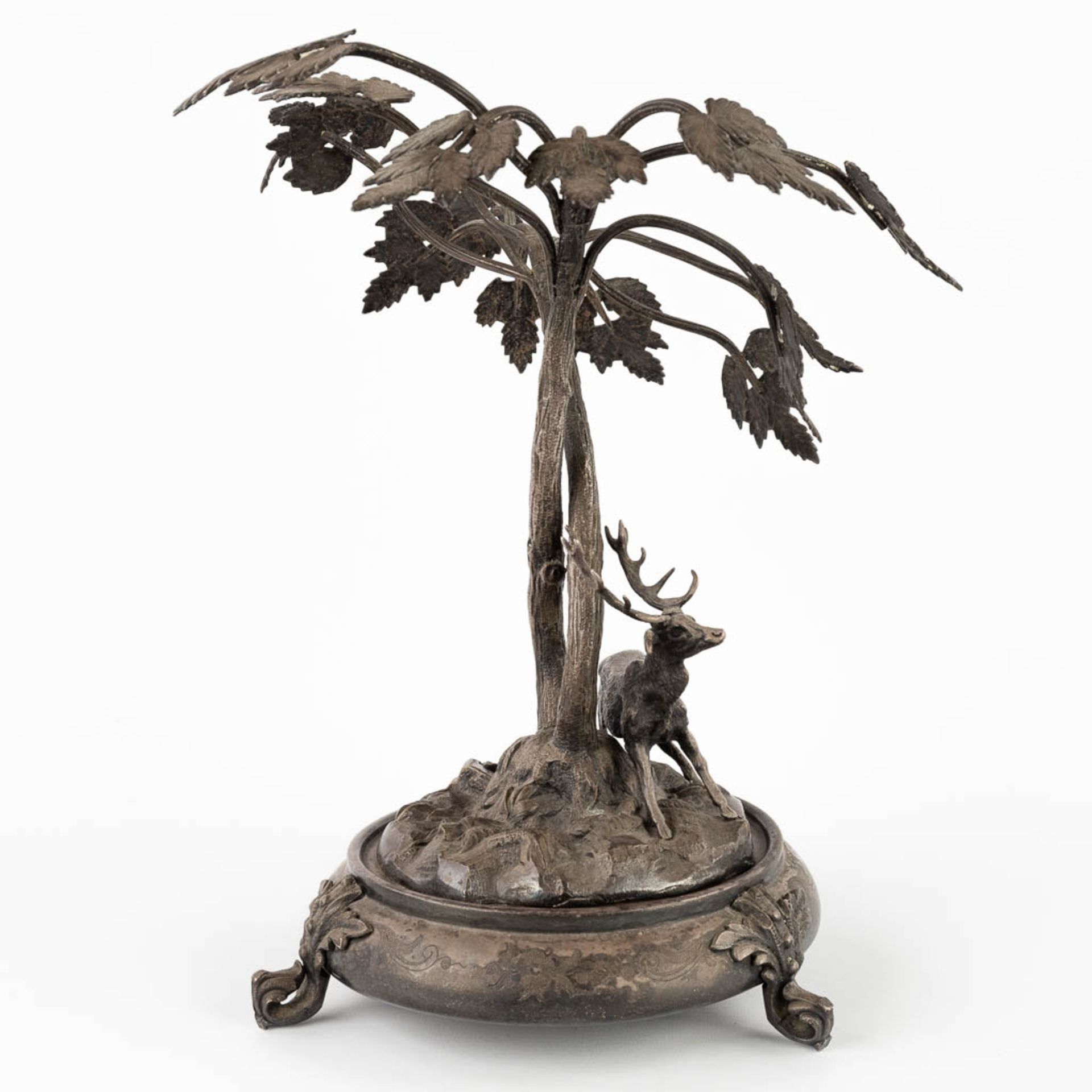 A figurine of a deer, walking under tall trees. Silver-plated bronze. Circa 1900. (D:24 x W:30 x H:3 - Image 4 of 13