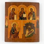 An Eastern European icon 'Christus Pantocrator, Marcus, John The Babtist, Mary'. (W:31 x H:35,5 cm)