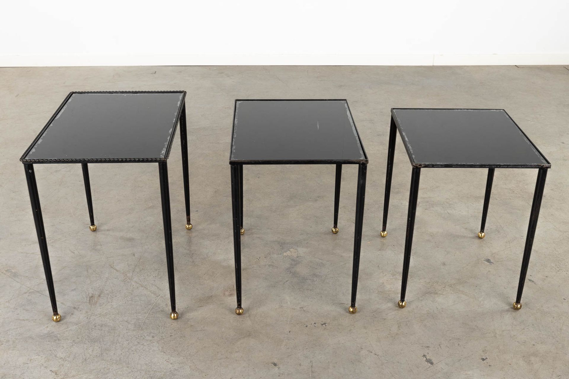 A set of Nesting tables, metal and black tinted glass. 20th C. (D:56 x W:37 x H:50 cm) - Image 7 of 10