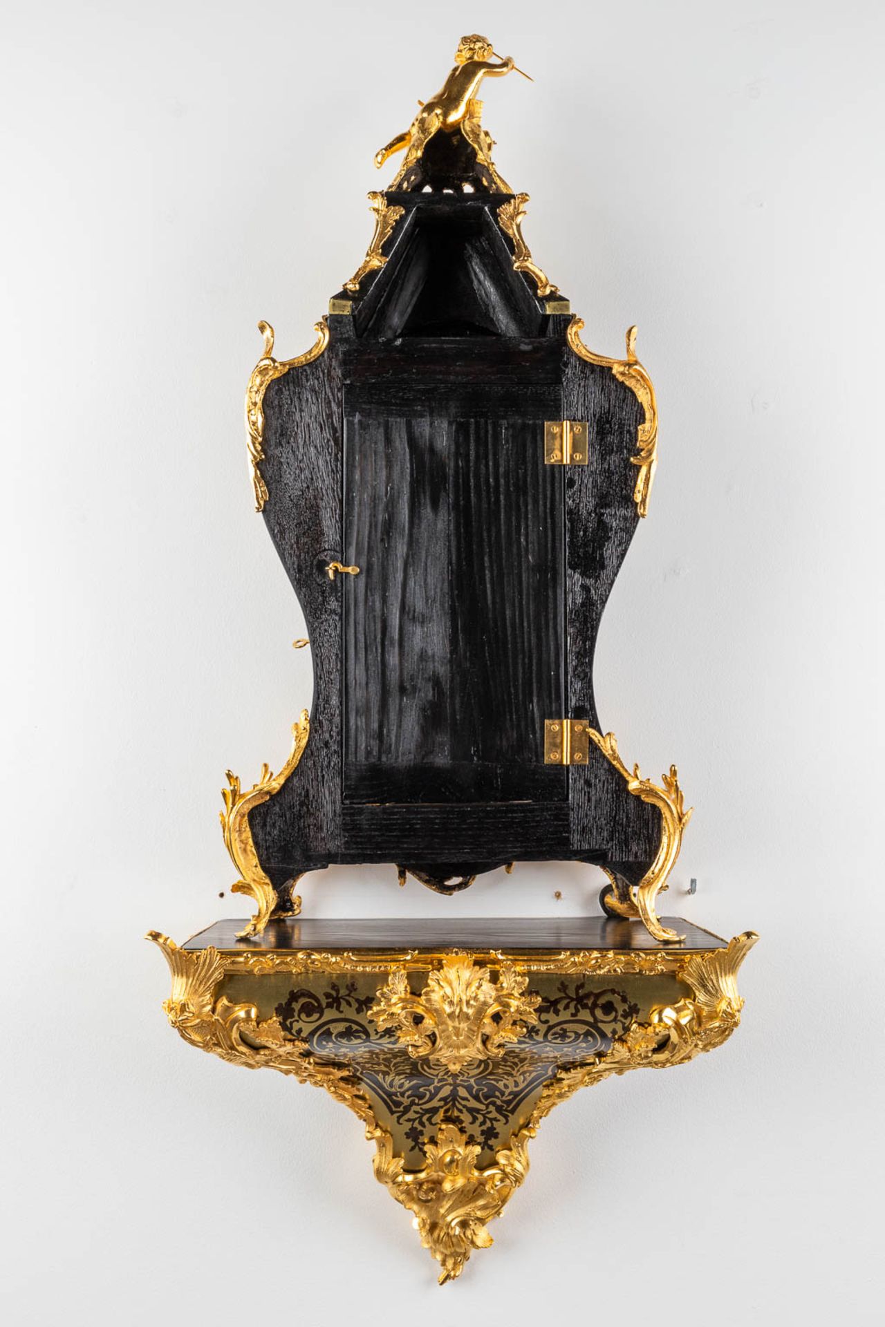 A boulle Cartel clock on a console, tortoiseshell and copper inlay, Napoleon 3, 19th C. Lefaucheur & - Image 14 of 16