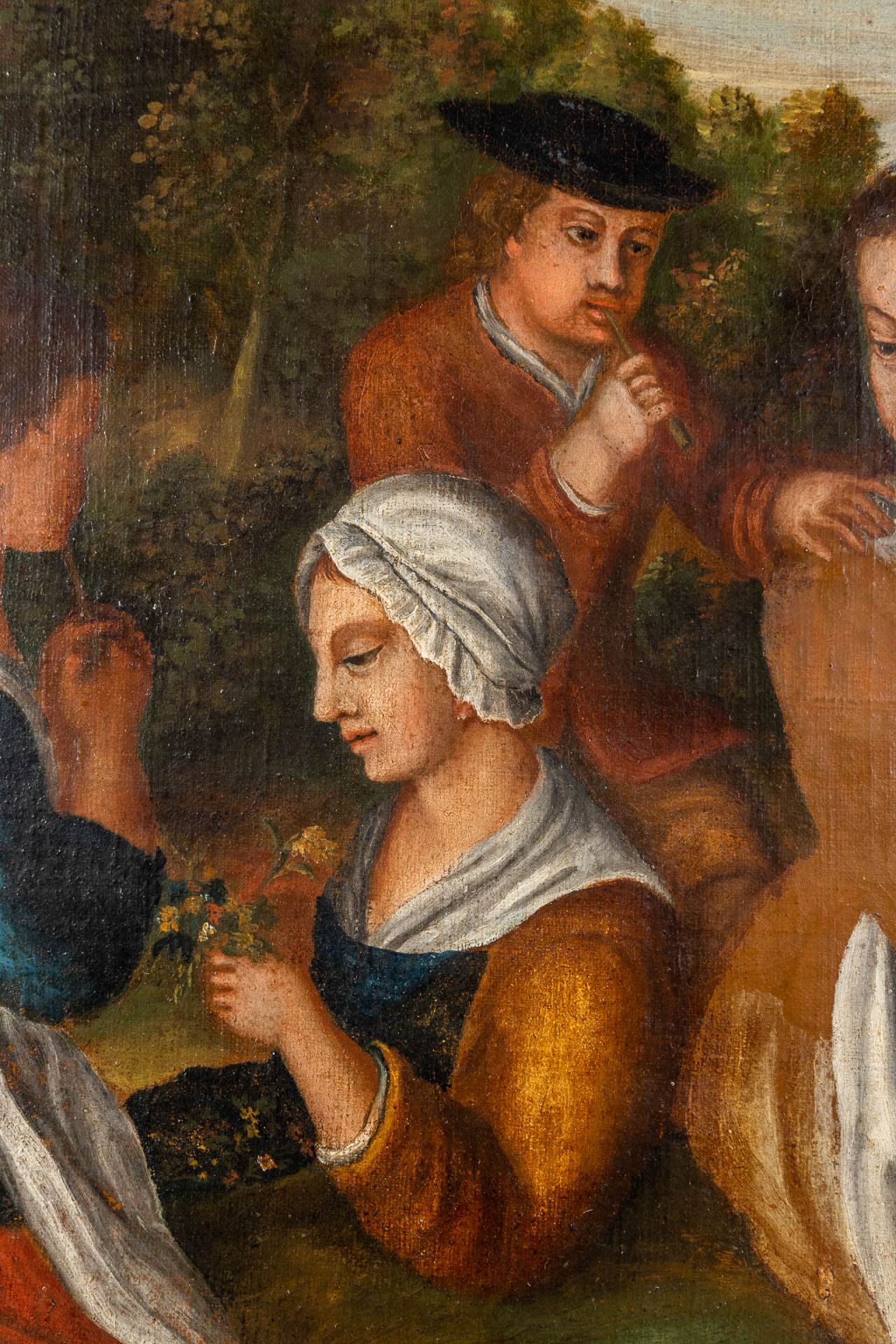 An antique painting, 'Ladies in the garden with children' oil on canvas. 18th C. (W:96 x H:70 cm) - Image 7 of 9