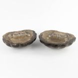 A pair of wall-mounted holy water fonts, Belgian blue stone. (D:26 x W:29 x H:9 cm)