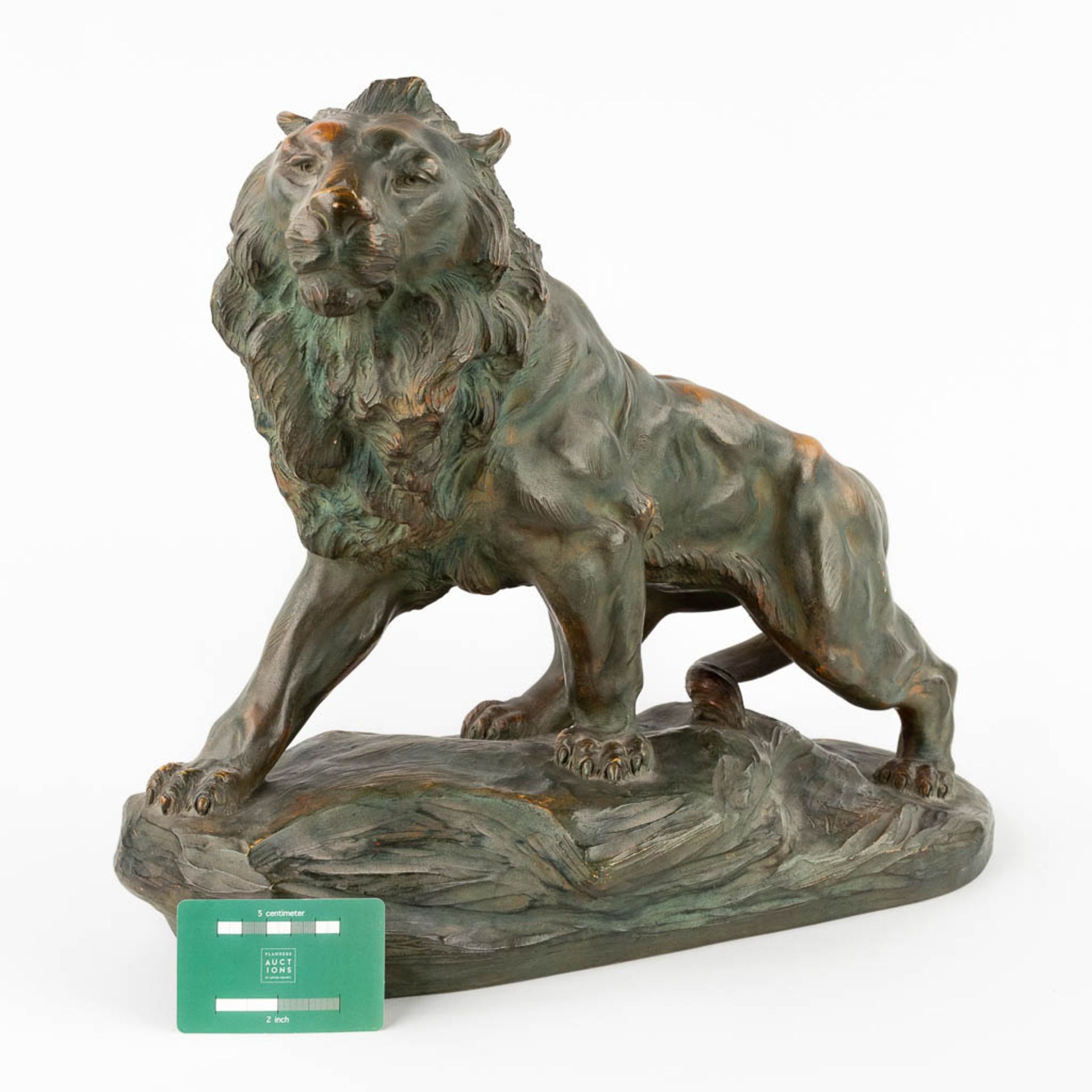 Armand FAGOTTO (XIX-XX) 'Lion' patinated terracotta. (D:20 x W:47 x H:39 cm) - Image 2 of 12