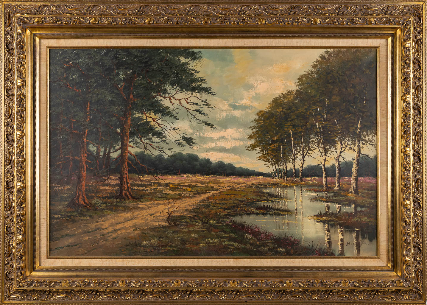 View on the heath, a landscape, oil on canvas. Signed B. V. Rijn. 20th C. (W:110 x H:70 cm) - Image 3 of 9