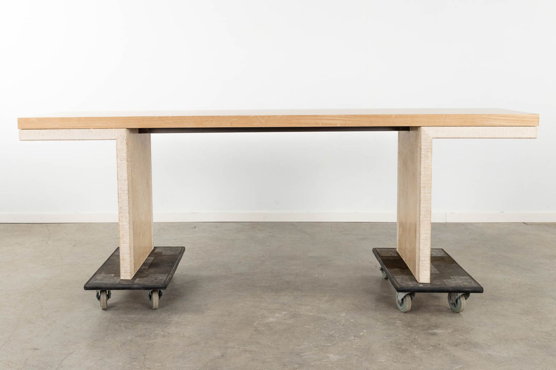 A pair of console tables, travertine with an oak veneered top. 20th C. (D:50 x W:220 x H:73 cm) - Image 12 of 13