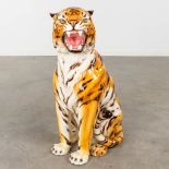 Tiger, a sculpture, glazed ceramics, Italy. 20th C. (D:33 x W:50 x H:79 cm)