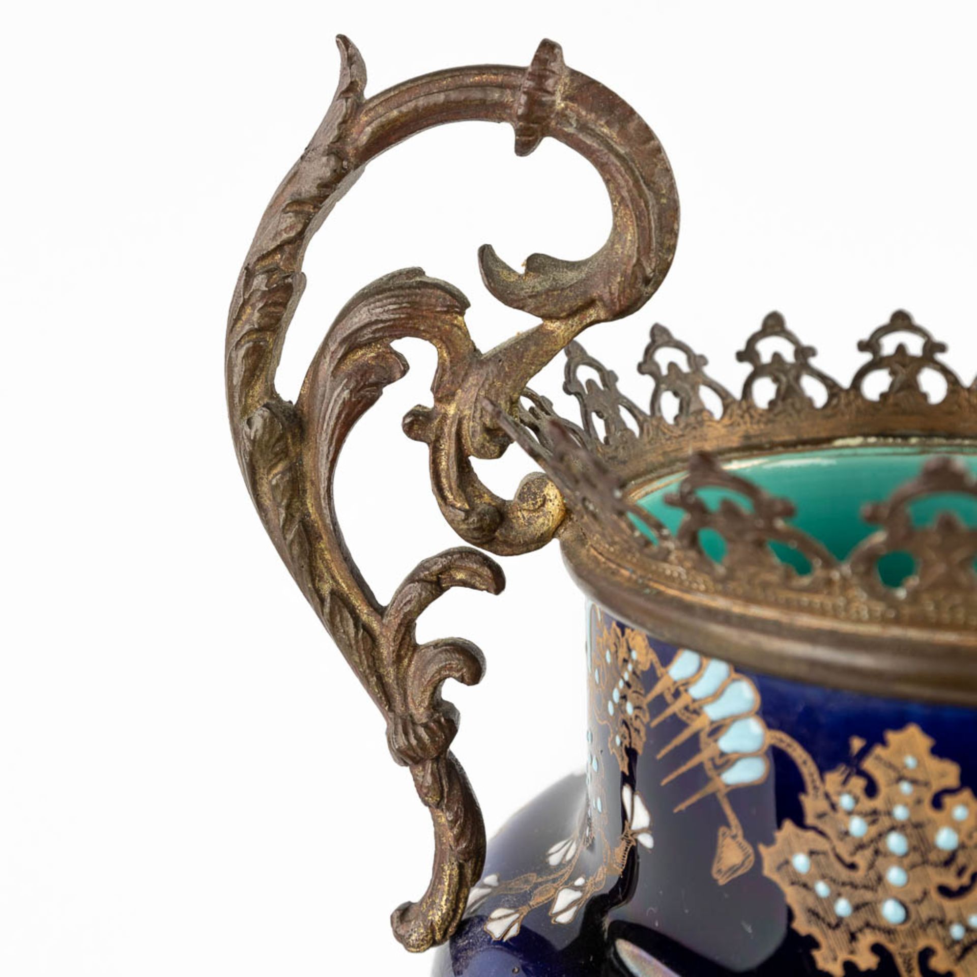 Luneville, a large brass mounted faience vase with starry sky decor. Art Nouveau. (D:15 x W:20 x H:3 - Bild 11 aus 12