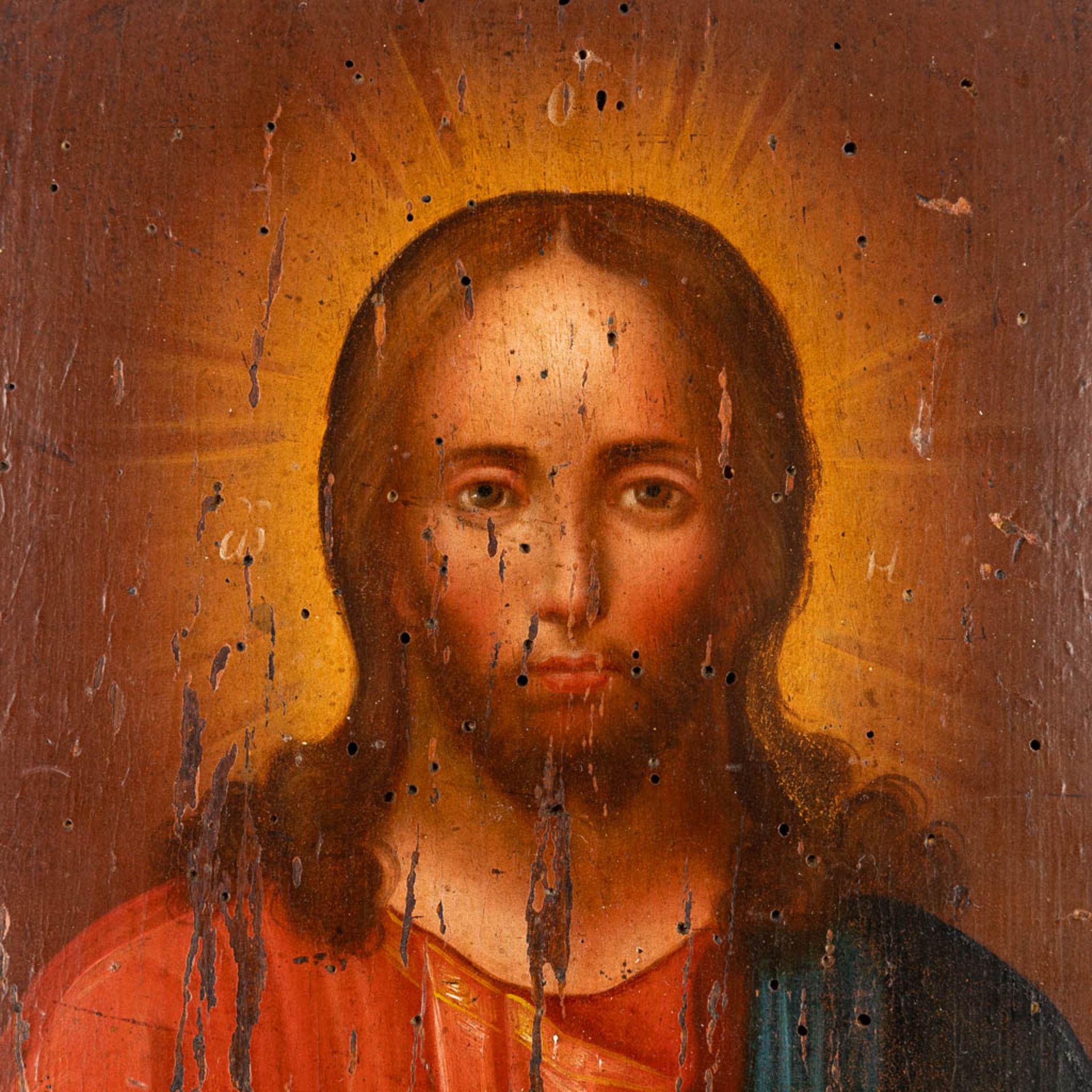 An antique Eastern European icon with an image of Salvator Mundi. 19th C. (W:24,5 x H:31 cm) - Bild 3 aus 8