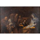 An antique folklore painting, 'Birth of Christ' oil on panel. 17th/18th C. (W:38 x H:26 cm)