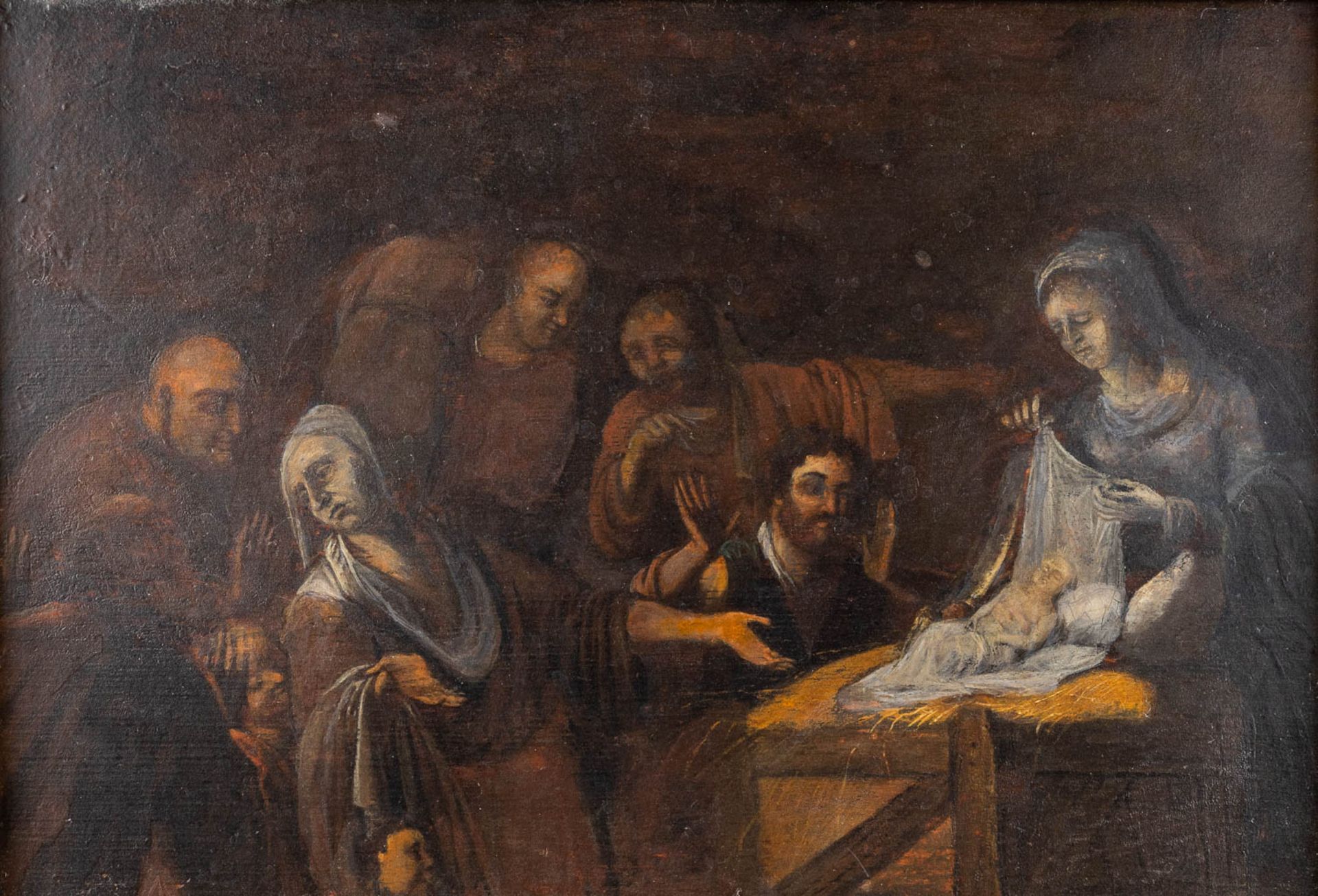 An antique folklore painting, 'Birth of Christ' oil on panel. 17th/18th C. (W:38 x H:26 cm)