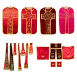 Four Roman Chasubles, Chalice veil, Stola and Maniple, thick gold thread embroideries.