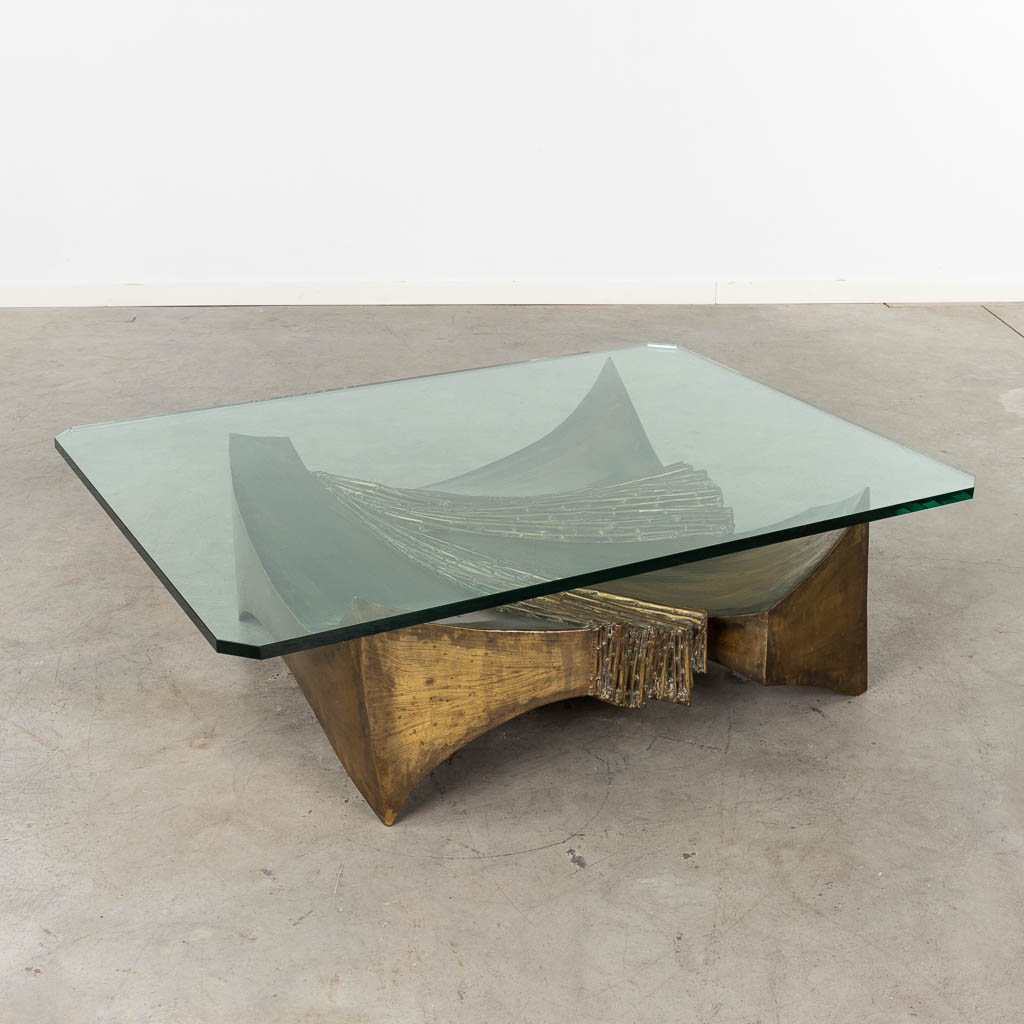 SANTA (1925-1979) A coffee table, bronze and glass, brutalist style with faux bamboo. 20th C. (D:90