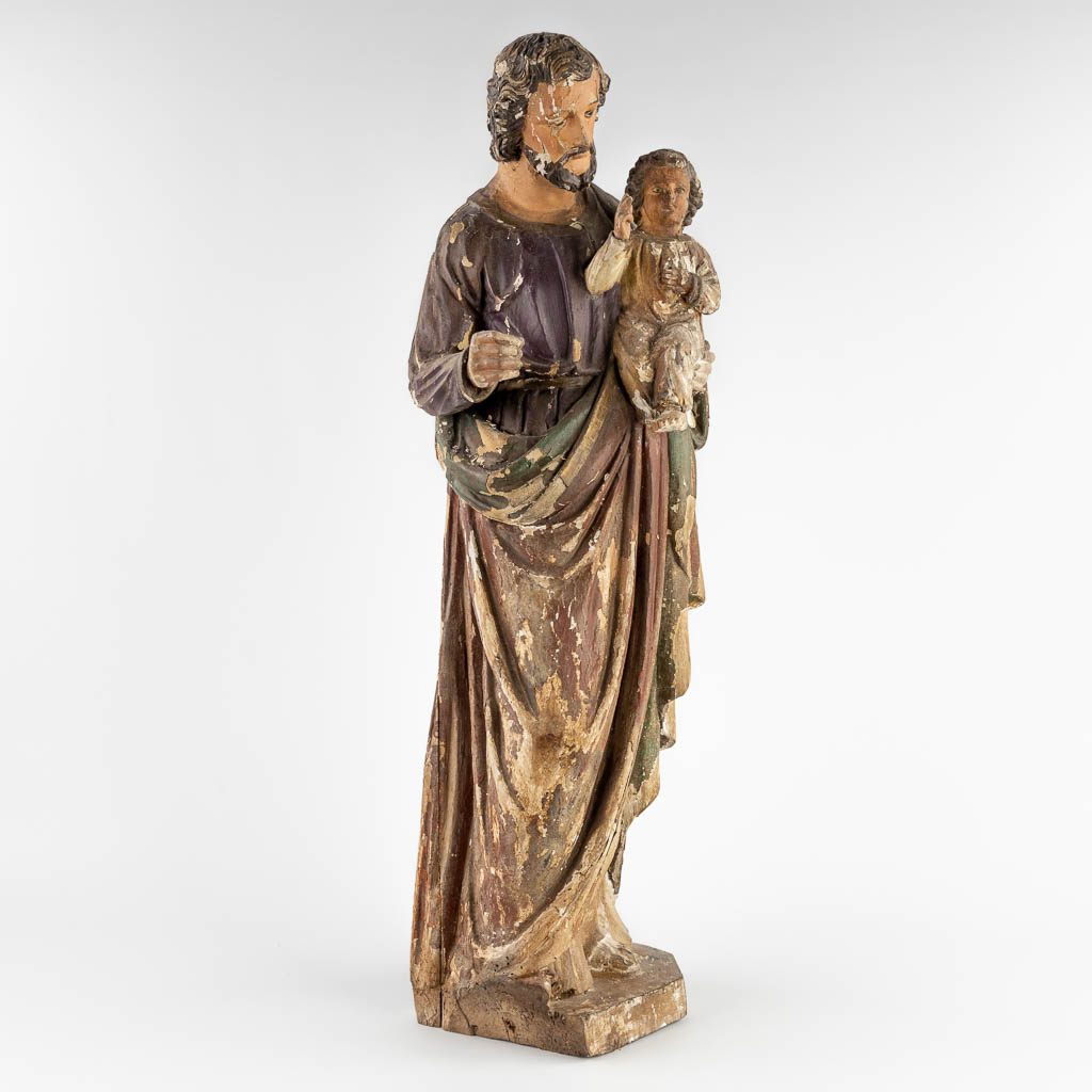 An antique wood-sculpture, Joseph with Child, original polychromy, 19th C. (H:87 cm) - Image 3 of 12