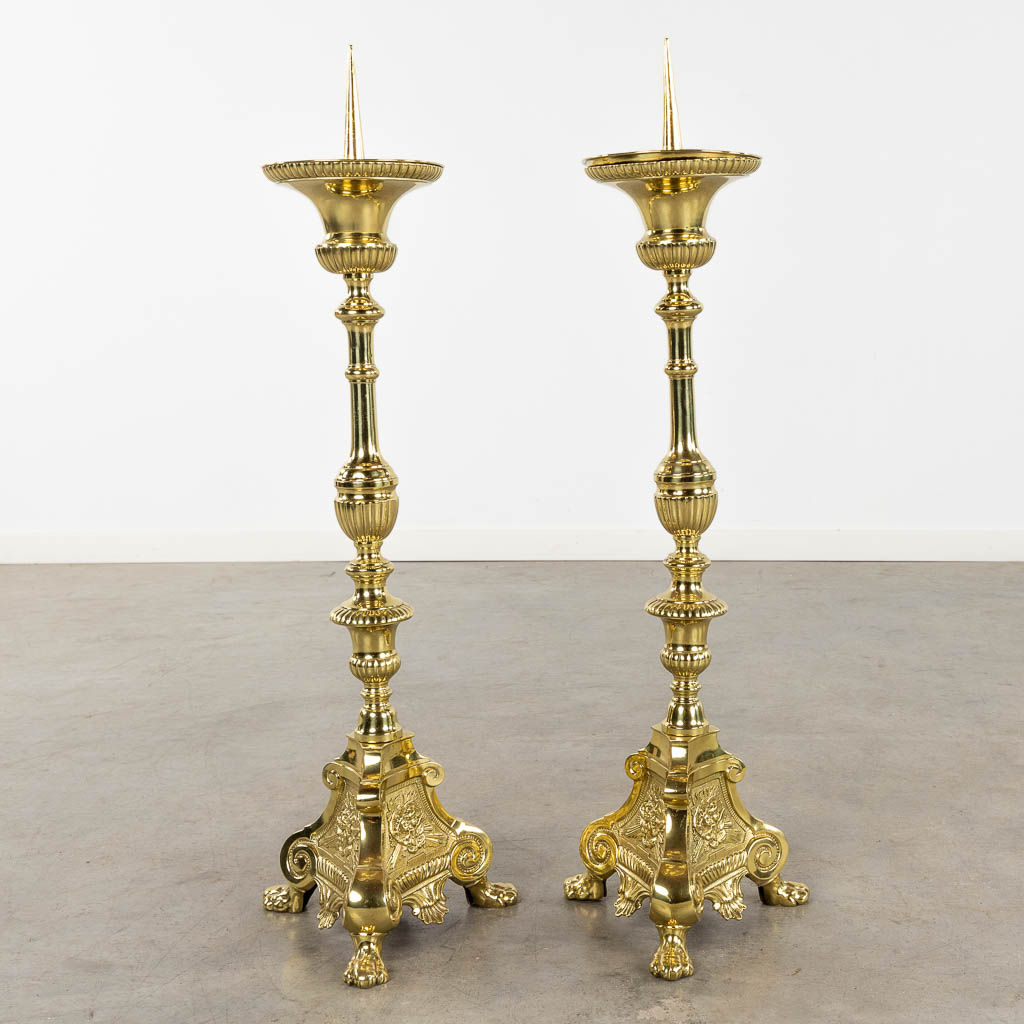 A pair of church candlesticks or candle holders polished bronze. 19th C. (D:24 x W:27 x H:88 cm) - Image 6 of 15