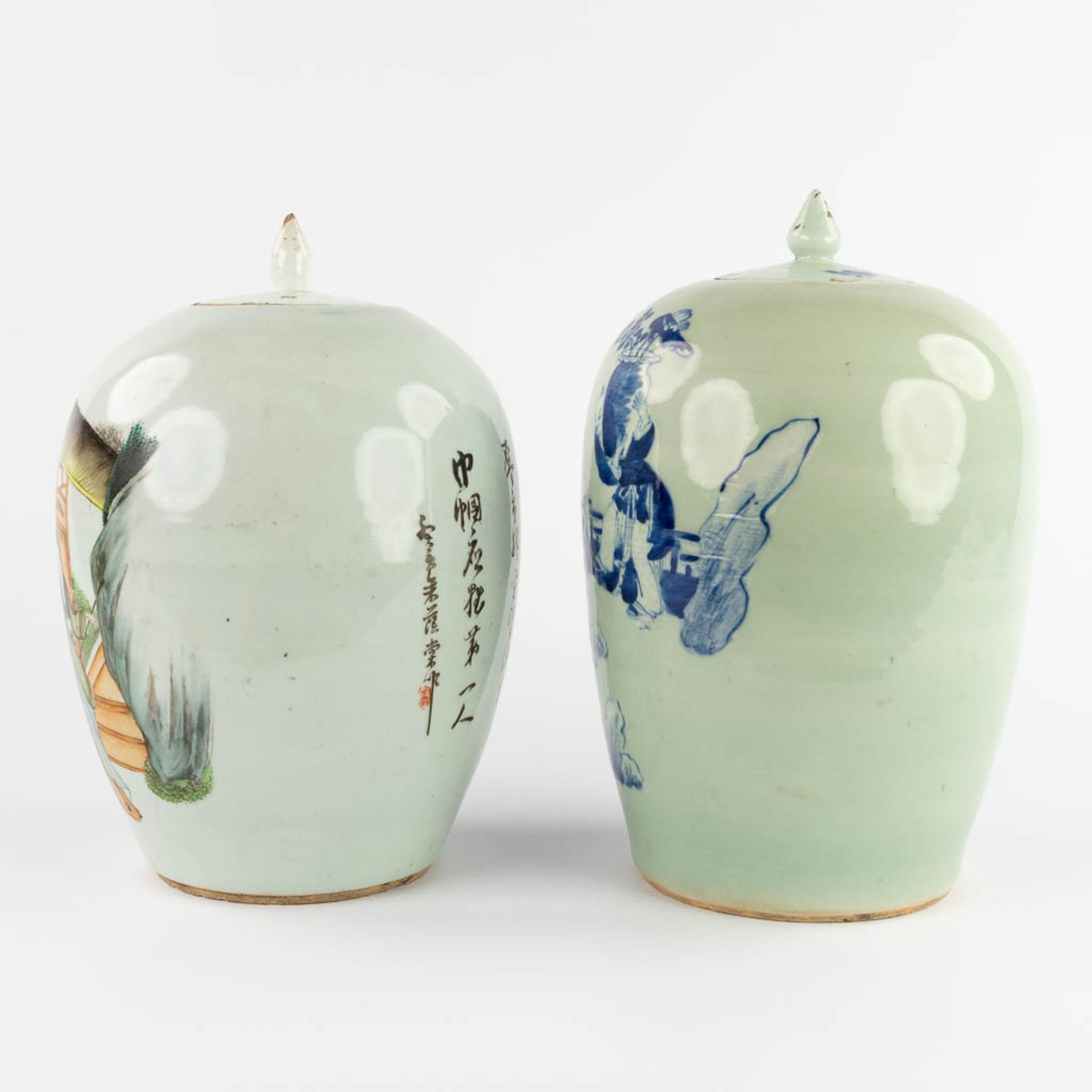 Two Chinese ginger jars, celadon and polychrome decor. 19th/20th C. (H:34 x D:22 cm) - Bild 5 aus 15