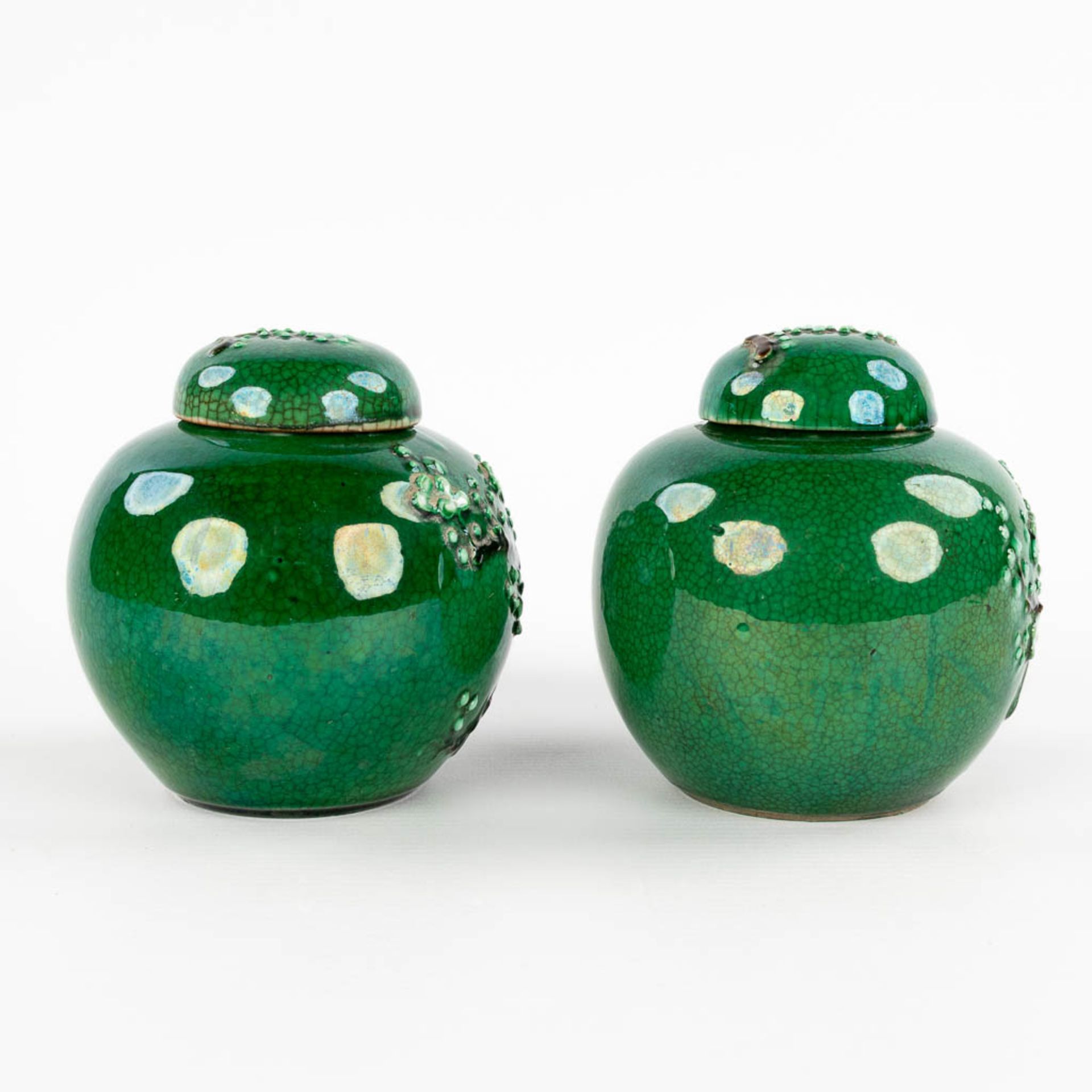 A pair of Chinese ginger jars, decorated with flowering bonsai and a green glaze. 19th C. (H:12 x D: - Bild 3 aus 11