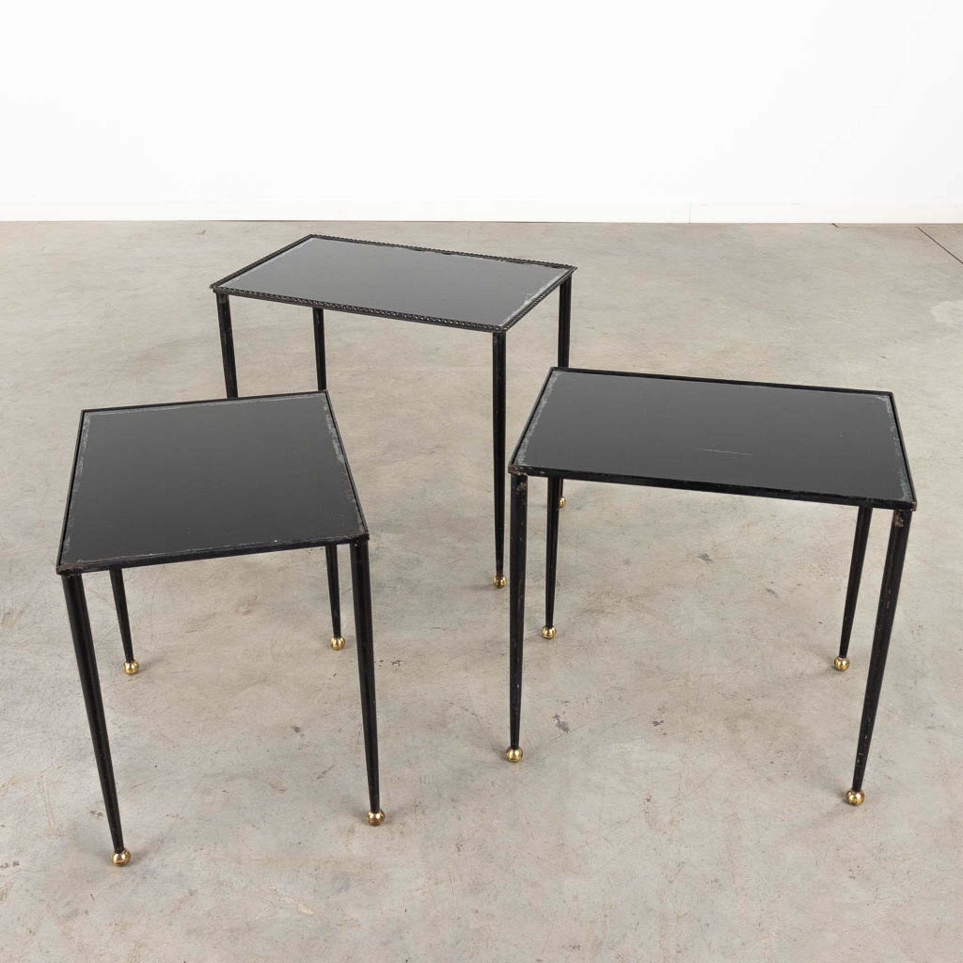 A set of Nesting tables, metal and black tinted glass. 20th C. (D:56 x W:37 x H:50 cm) - Image 3 of 10