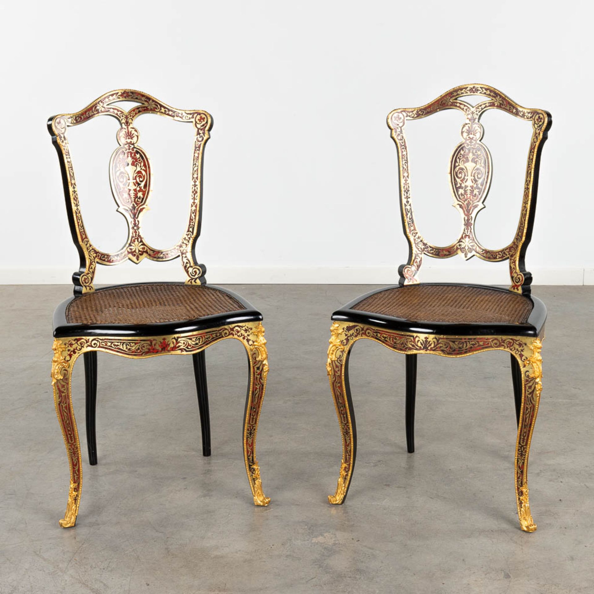 A pair of chairs, Boulle, tortoise shell and copper inlay, Napoleon 3, 19th C. (D:47 x W:46 x H:90 c