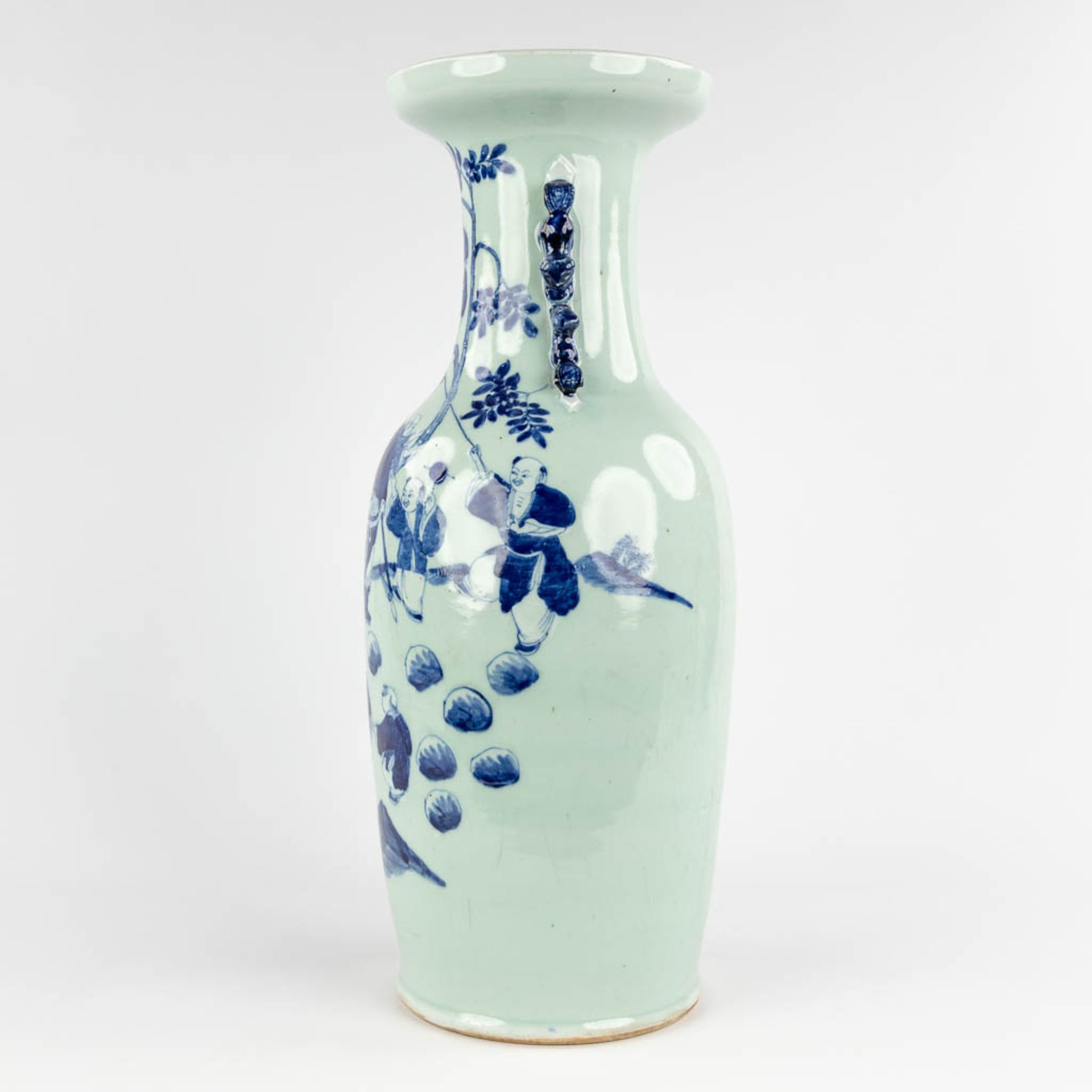 A Chinese celadon vase, blue-white, decorated with wise men. 19th/20th C. (H:59 x D:23 cm) - Image 6 of 16
