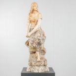 A statue of a lady, seated on a rock. Sculptured alabaster. 19th c. (D:27 x W:28 x H:88 cm)