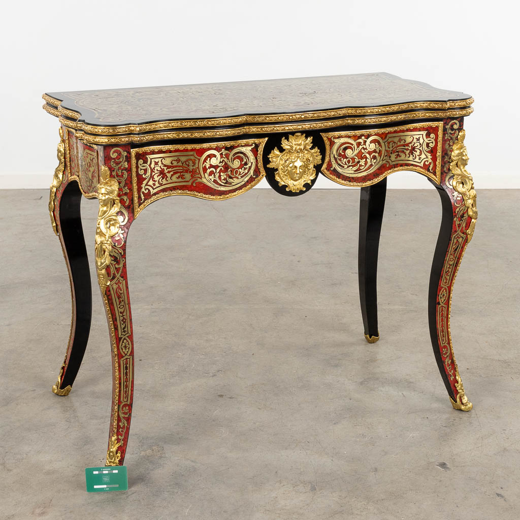 A game table, Boulle, tortoiseshell and copper inlay, Napoleon 3, 19th C. (D:52 x W:91 x H:76 cm) - Image 2 of 16