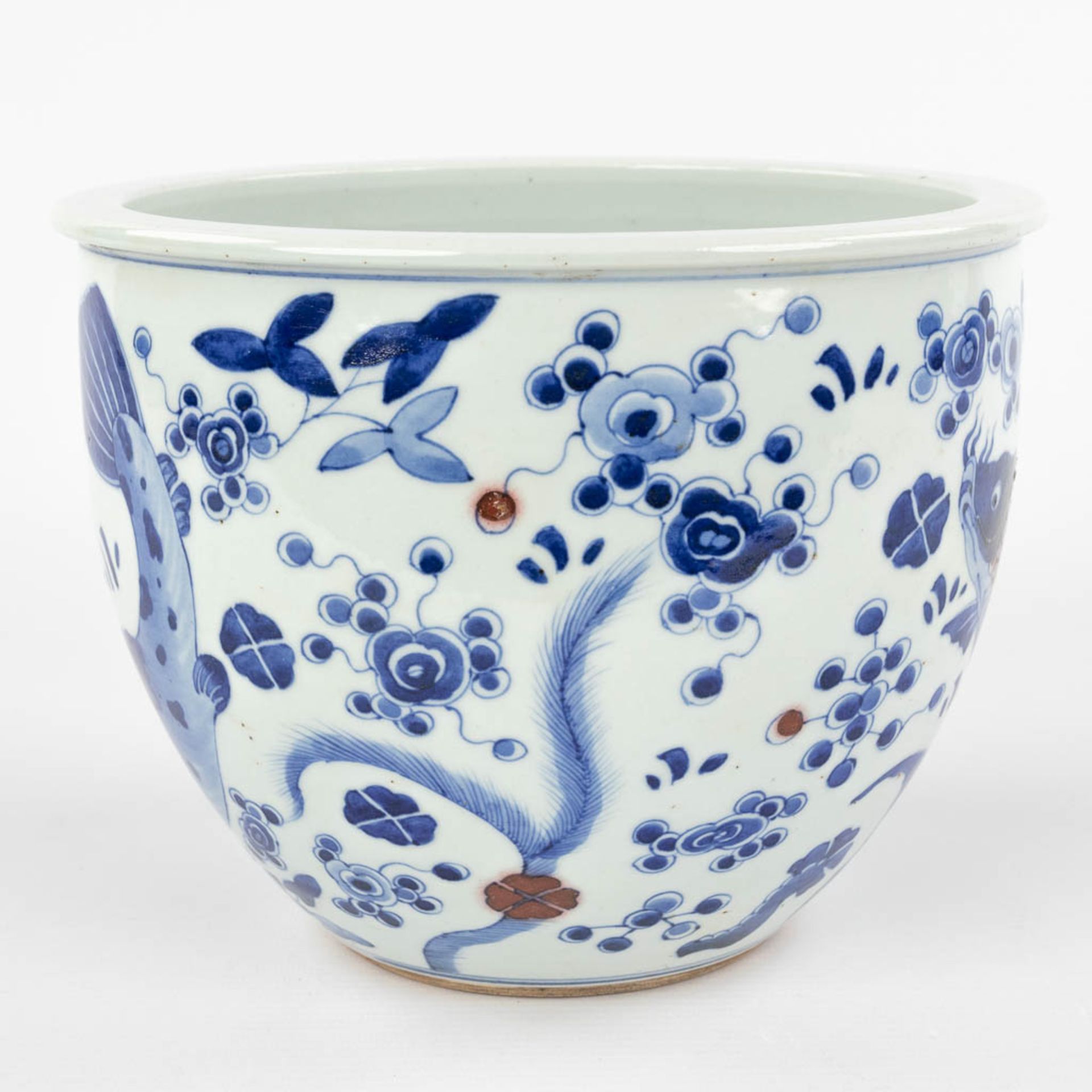 A large Chinese porcelain fish bowl, blue-white decor, 18th/19th C. (H:17 x D:22 cm) - Image 3 of 11