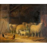 Interior of a barn with sheep, oil on panel. 19th C. Signed 'Boschmans' (W:30 x H:24,5 cm)