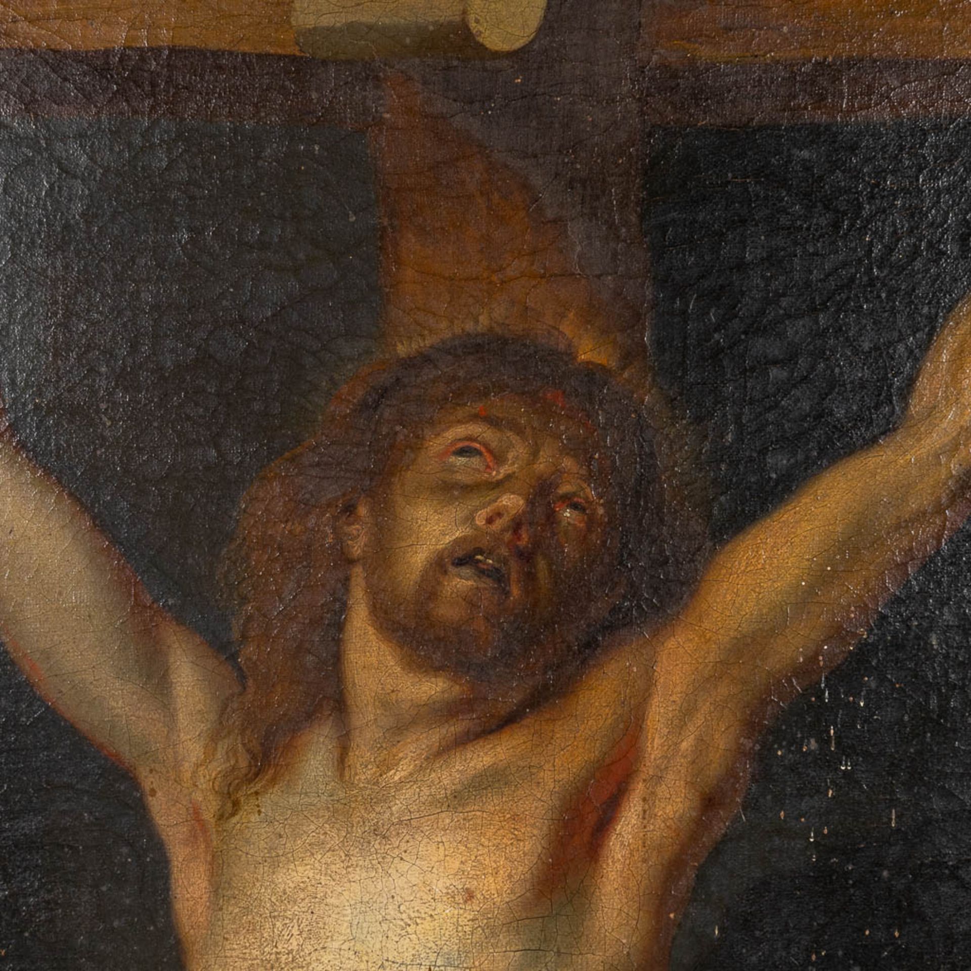 Jesus hanging from the cross, a painting, oil on canvas. 19th C. (W:70 x H:100 cm) - Image 4 of 9