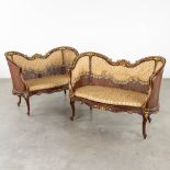 A pair of settee's, sculptured wood in Louis XV style and finished with caning. (D:62 x W:115 x H:84