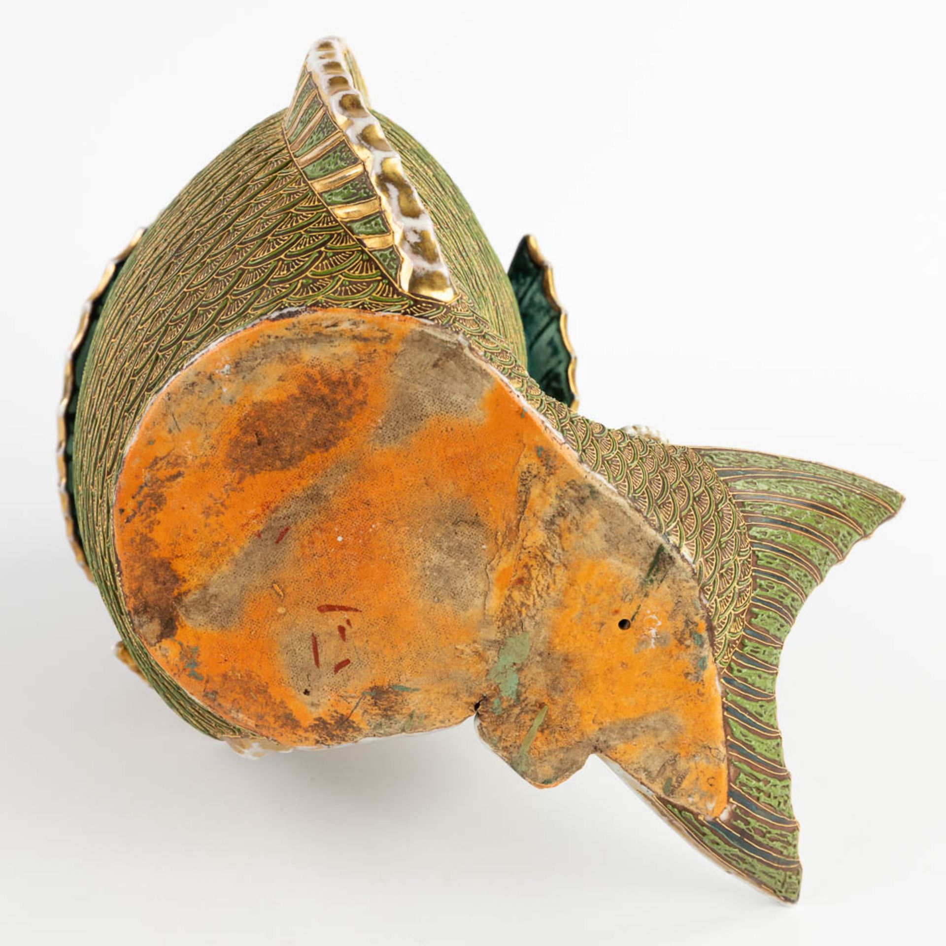 A figurine seaed on a koi, Satsuma stoneware. Meji period. (D:27 x W:26 x H:31 cm) - Image 8 of 11