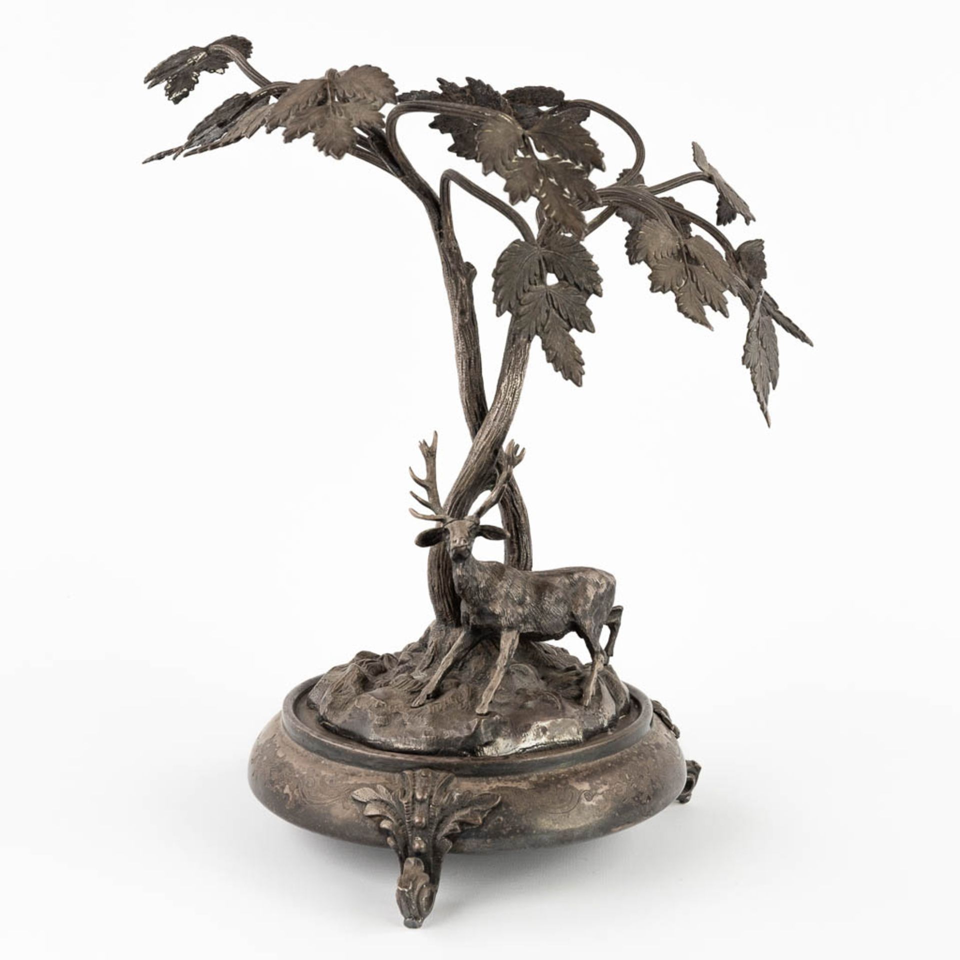 A figurine of a deer, walking under tall trees. Silver-plated bronze. Circa 1900. (D:24 x W:30 x H:3 - Image 3 of 13