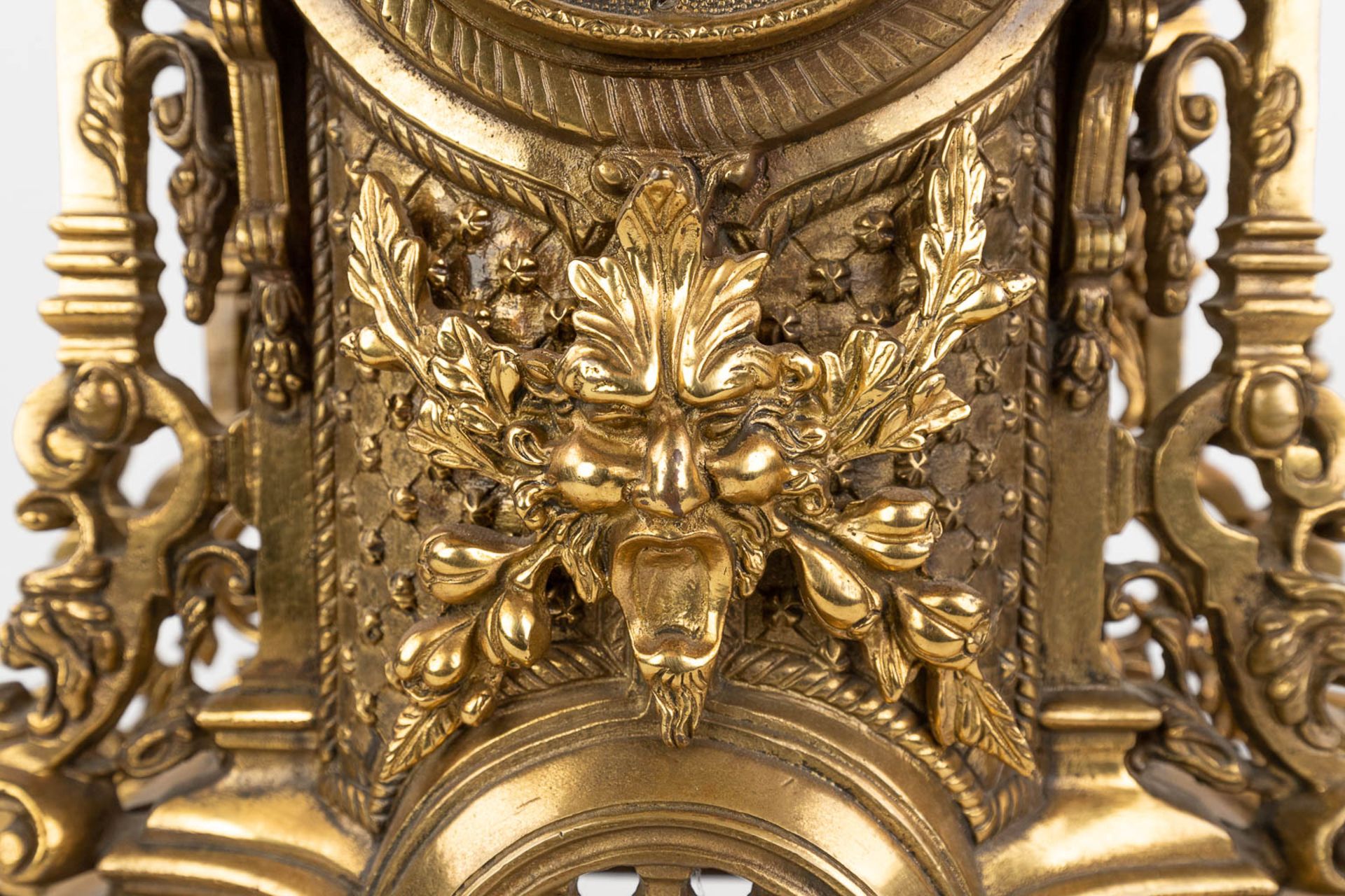 A three-piece mantle garniture consisting of a clock with candelabra, made of bronze. circa 1970. (W - Image 10 of 16