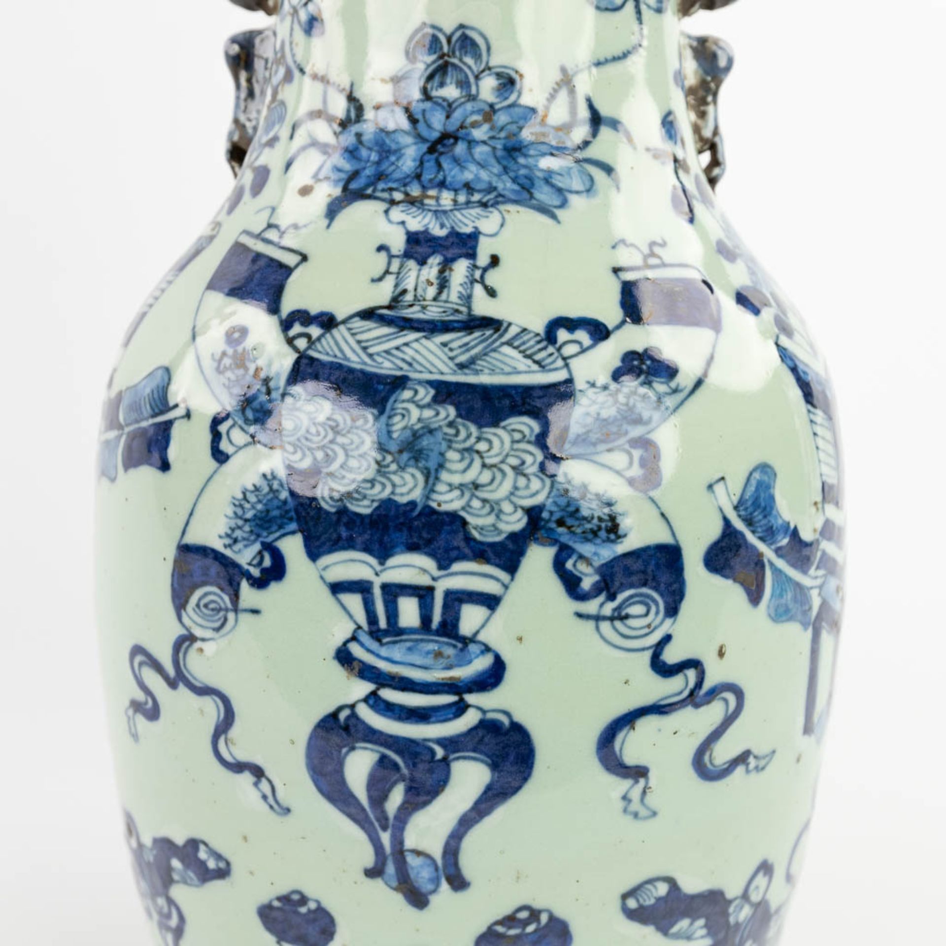 Two Chinese vases, celadon with a blue-white decor. 19th/20th C. (H:59 x D:24 cm) - Bild 12 aus 12