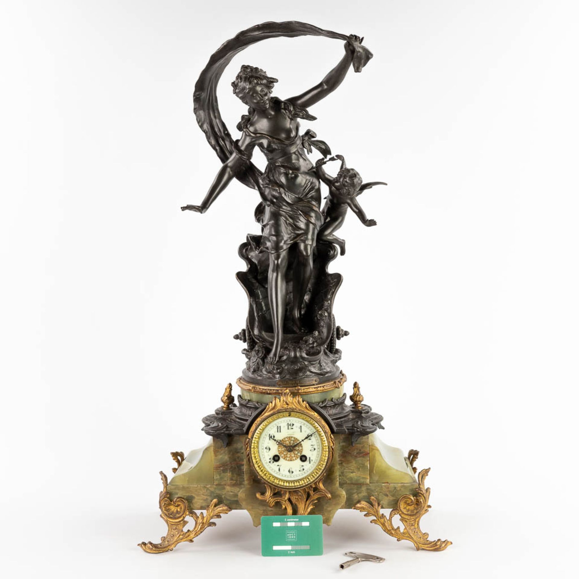 Auguste MOREAU (1834-1917) A mantle clock, spelter on green onyx, 19th C. (D:21 x W:44 x H:63 cm) - Image 2 of 19