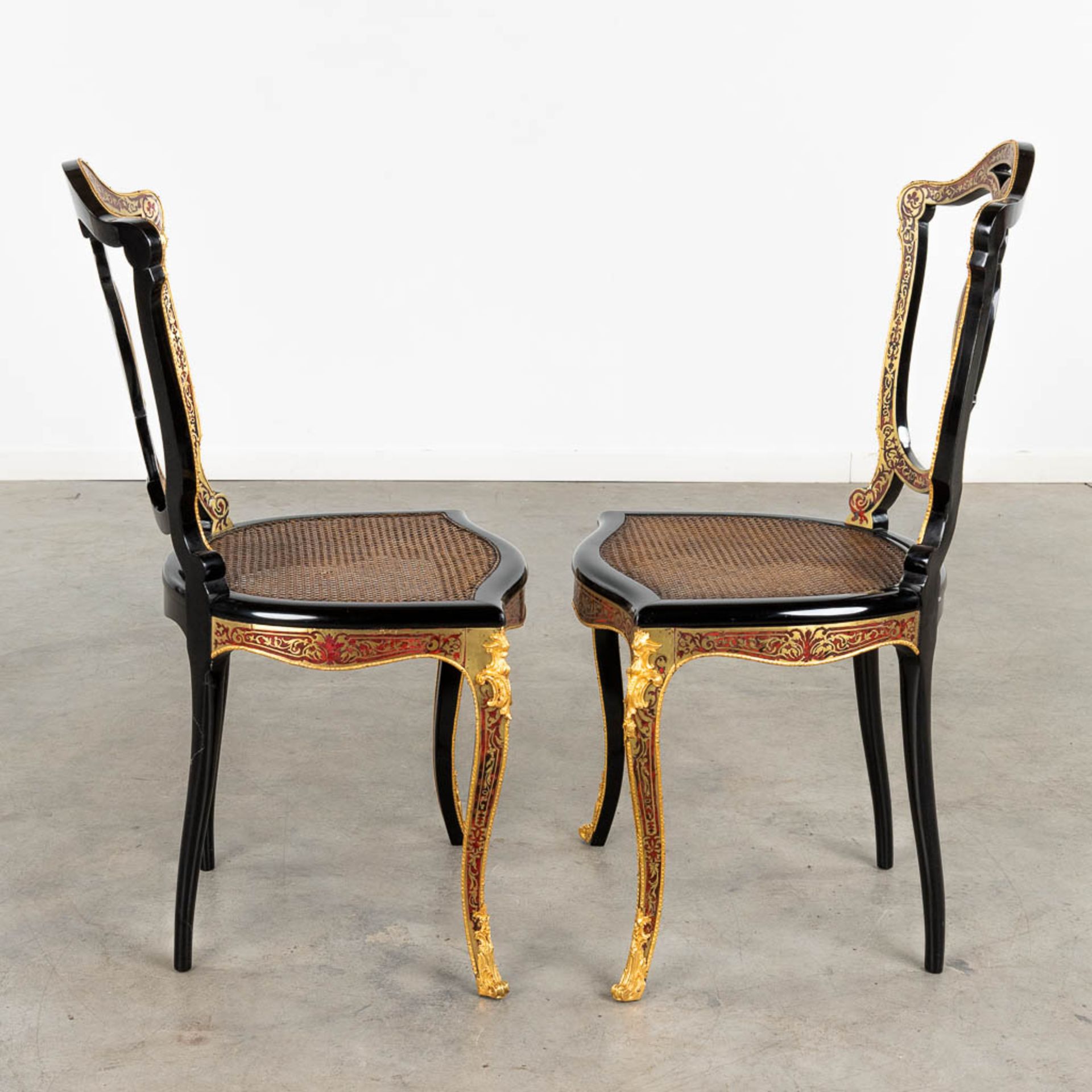 A pair of chairs, Boulle, tortoise shell and copper inlay, Napoleon 3, 19th C. (D:47 x W:46 x H:90 c - Image 6 of 11