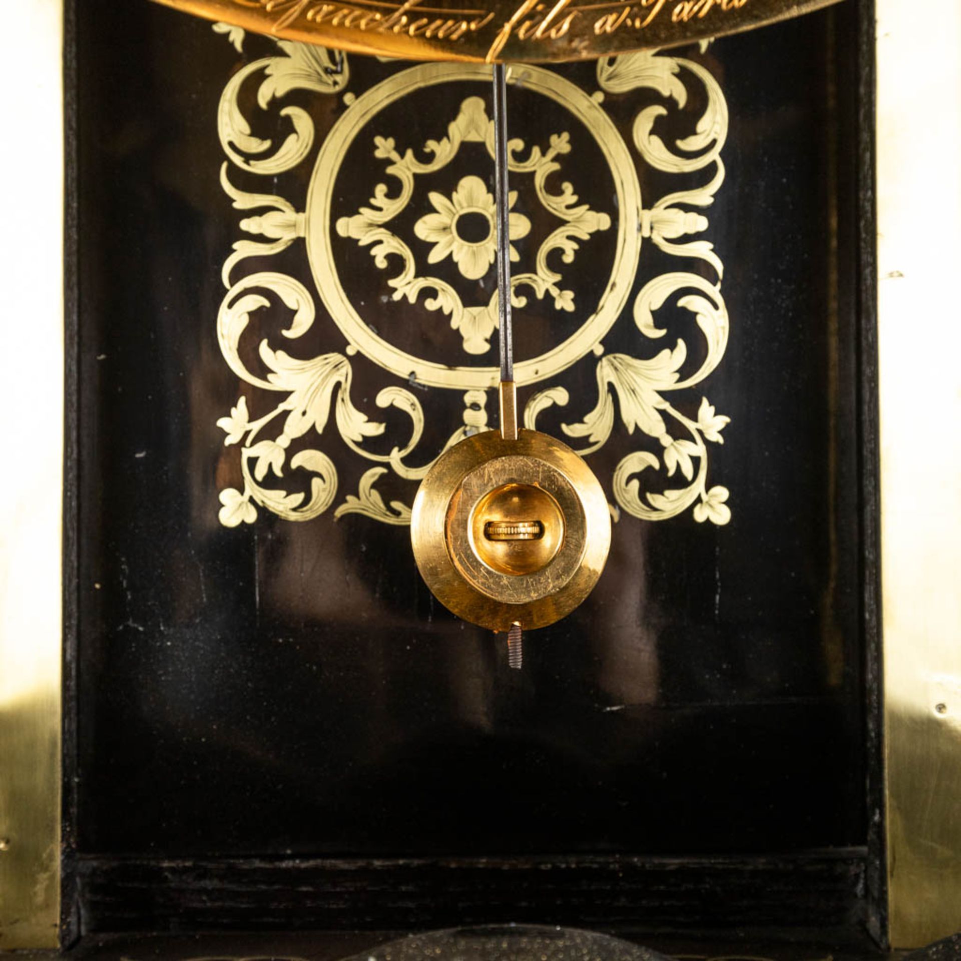 A boulle Cartel clock on a console, tortoiseshell and copper inlay, Napoleon 3, 19th C. Lefaucheur & - Image 13 of 16