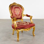 An armchair, gilt wood in Louis XV style. 20th C. (D:78 x W:67 x H:107 cm)