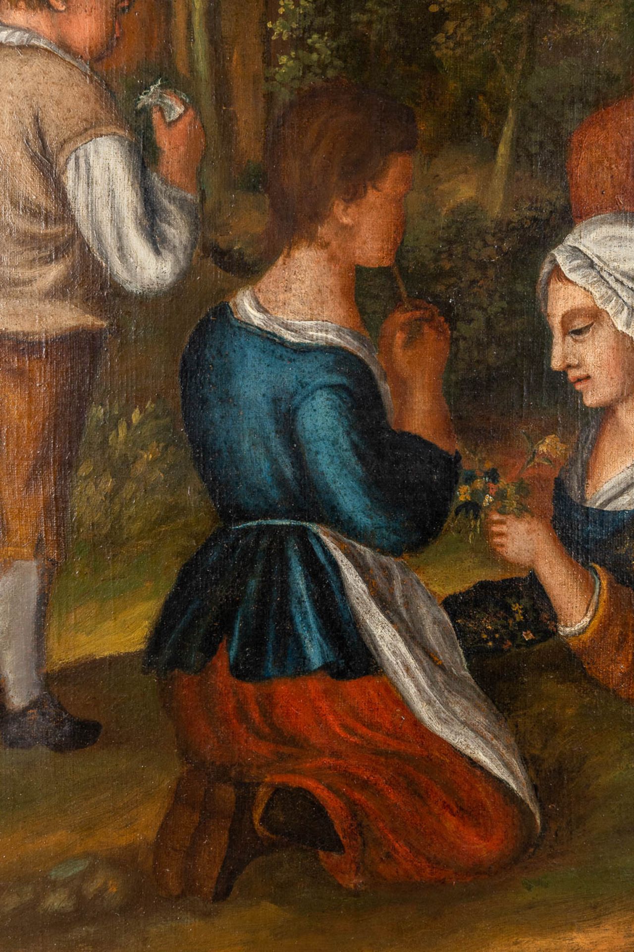 An antique painting, 'Ladies in the garden with children' oil on canvas. 18th C. (W:96 x H:70 cm) - Image 6 of 9
